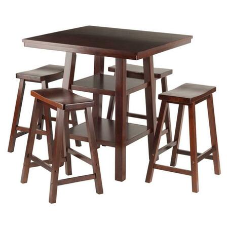 WINSOME TRADING 5 Piece Orlando High Table 2 Shelves with 4 Saddle Seat Stools Set, Walnut 94548